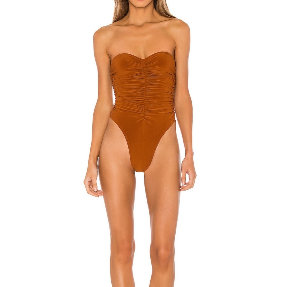 Norma Kamali Strapless Ruched Swimsuit in Rust